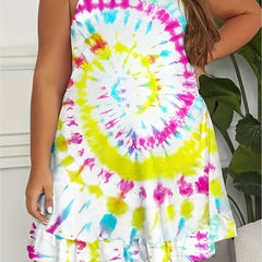  Tie Dye Round Neck Knee Length Stretch Cami Dress