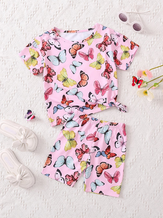 Girls Butterfly Print Tee & Shorts Set - Summer Clothes