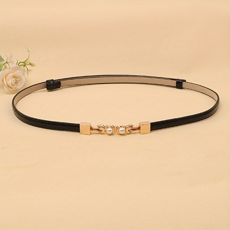 Adjustable PU Leather Belt with Faux Pearl Buckle