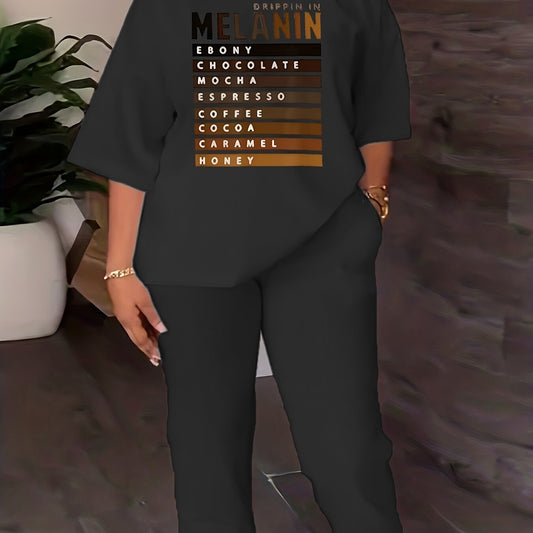 Casual Two piece Set Letter Print Crew Neck Tops & Solid Long Length Pants