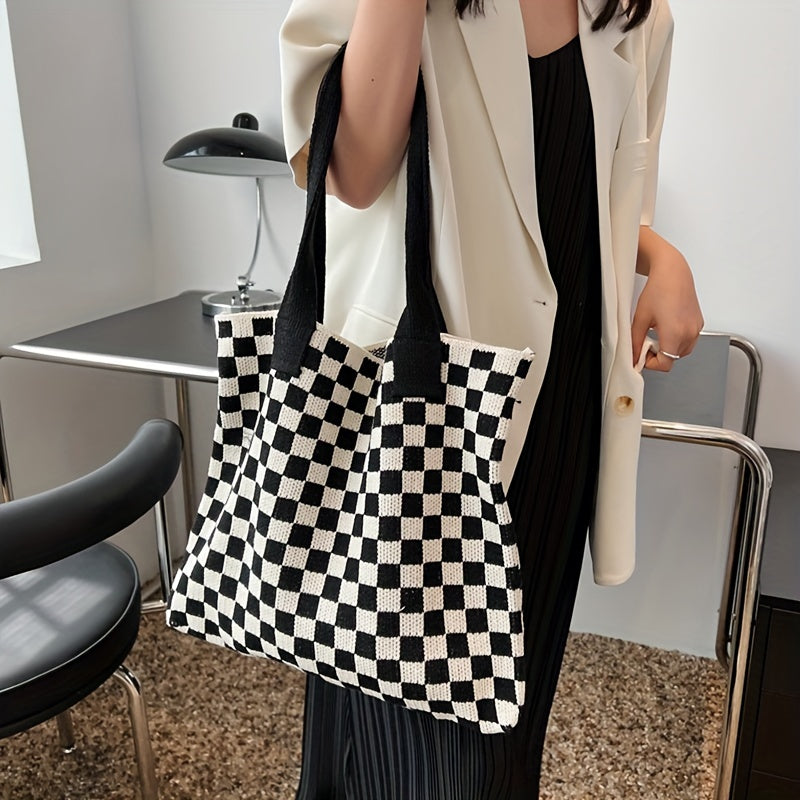 Checkerboard Pattern Shoulder Bag Knitted Satchel Tote Bag