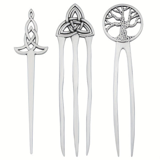 Vintage Viking Style Hairpin Tree Of Life Hairpin Celtic Knot Crescent Moon Silv