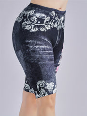 Denim Print Biker Shorts Skull & Floral Print