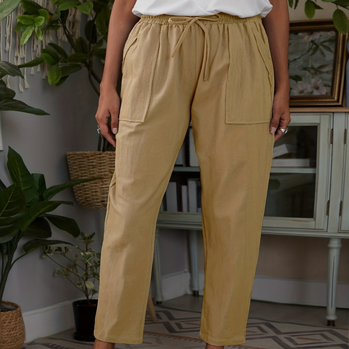 Women's Plus Size Elastic Drawstring Straight Leg Pants