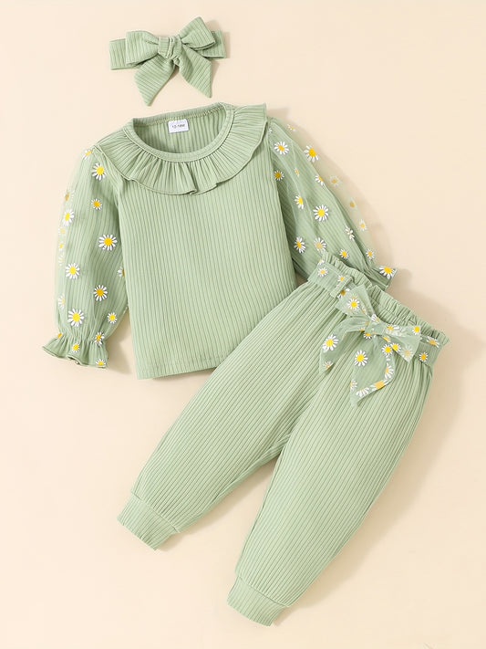 Girls Flower Print Ruffle Neck Pullover Top & Pants 2pcs Set