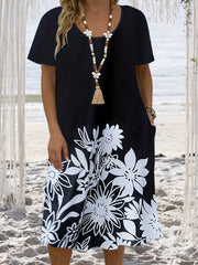  Floral Print Short Sleeve Round Neck Dress With Pockets