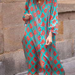  Boho Dress Women's Plus Geo Print Lantern Sleeve Button Up