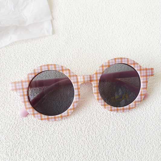 Girls Cartoon Plaid Round Frame Sunglasses UV Protection