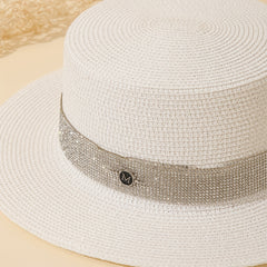 Rhinestone Strap Sun Hat M Label Decor Straw Jazz Hat