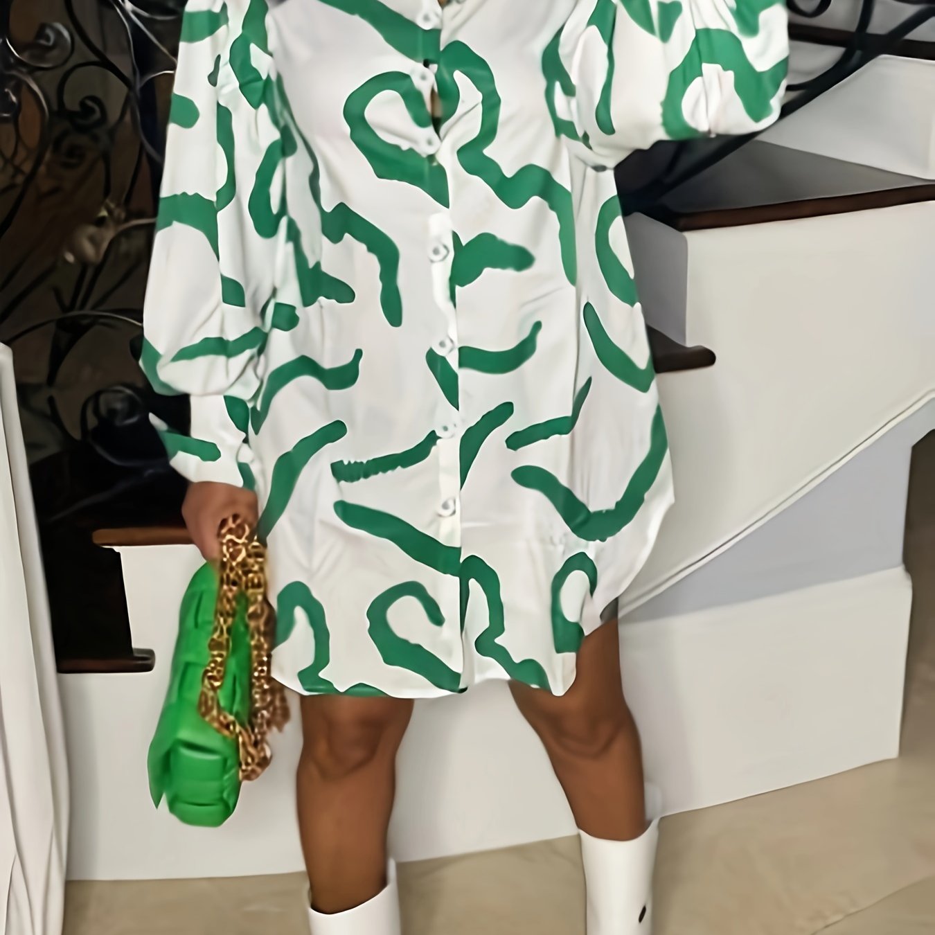  Graffiti Print Button Up Lantern Sleeve Shirt Dress