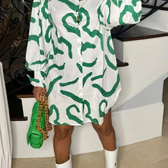  Graffiti Print Button Up Lantern Sleeve Shirt Dress