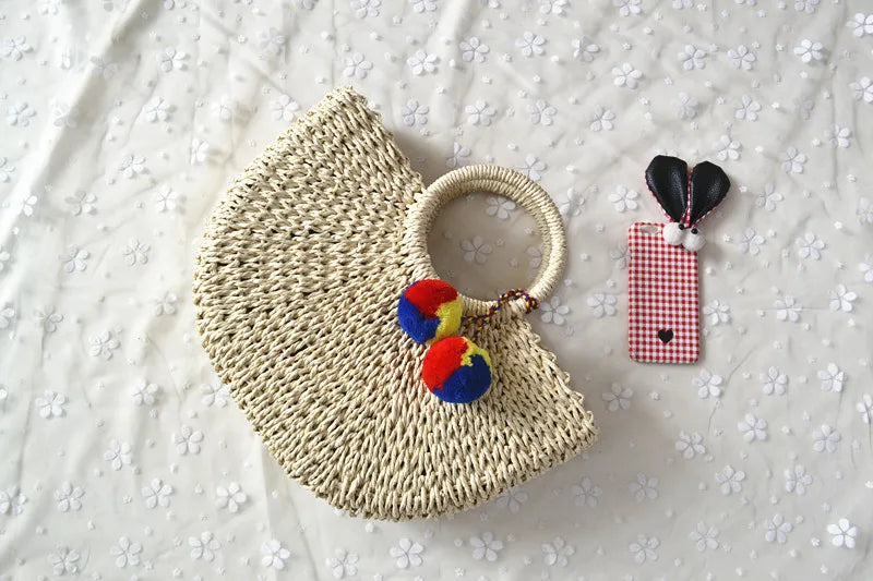 Summer Women Straw Wrapped Rope Woven Bag with pompoms Handbag