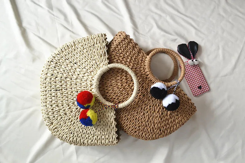 Summer Women Straw Wrapped Rope Woven Bag with pompoms Handbag