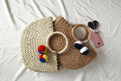 Summer Women Straw Wrapped Rope Woven Bag with pompoms Handbag