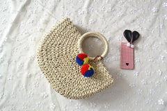 Summer Women Straw Wrapped Rope Woven Bag with pompoms Handbag