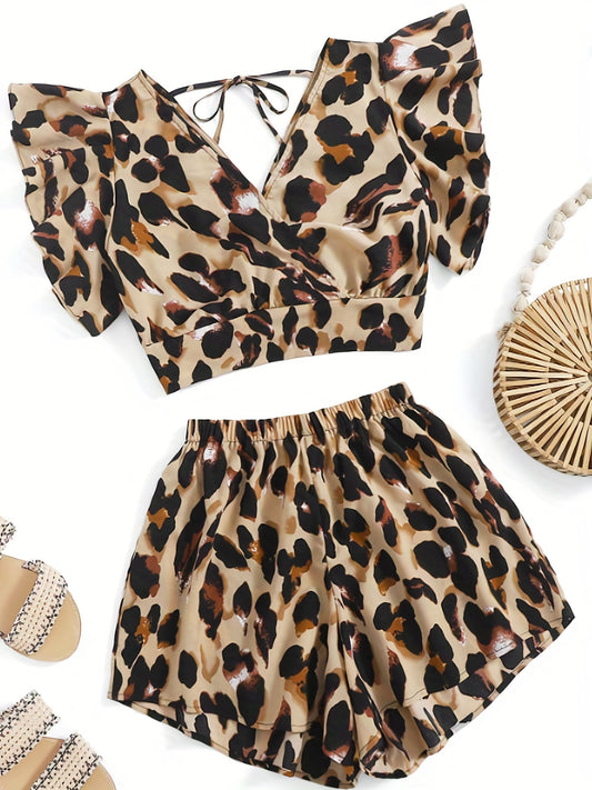 Leopard Print Two piece Set Ruffle Trim Tie Back Tops & Elastic Waist Sho