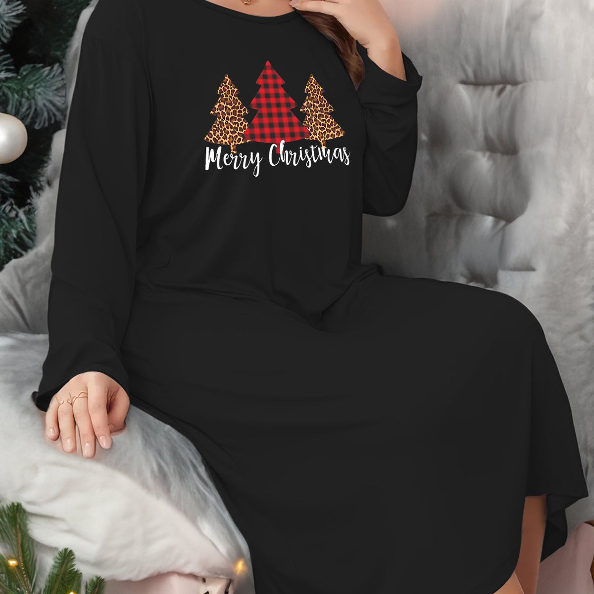 Plus Size Christmas Casual Lounge Dress Women's Plus Long Sleeve Nightdress