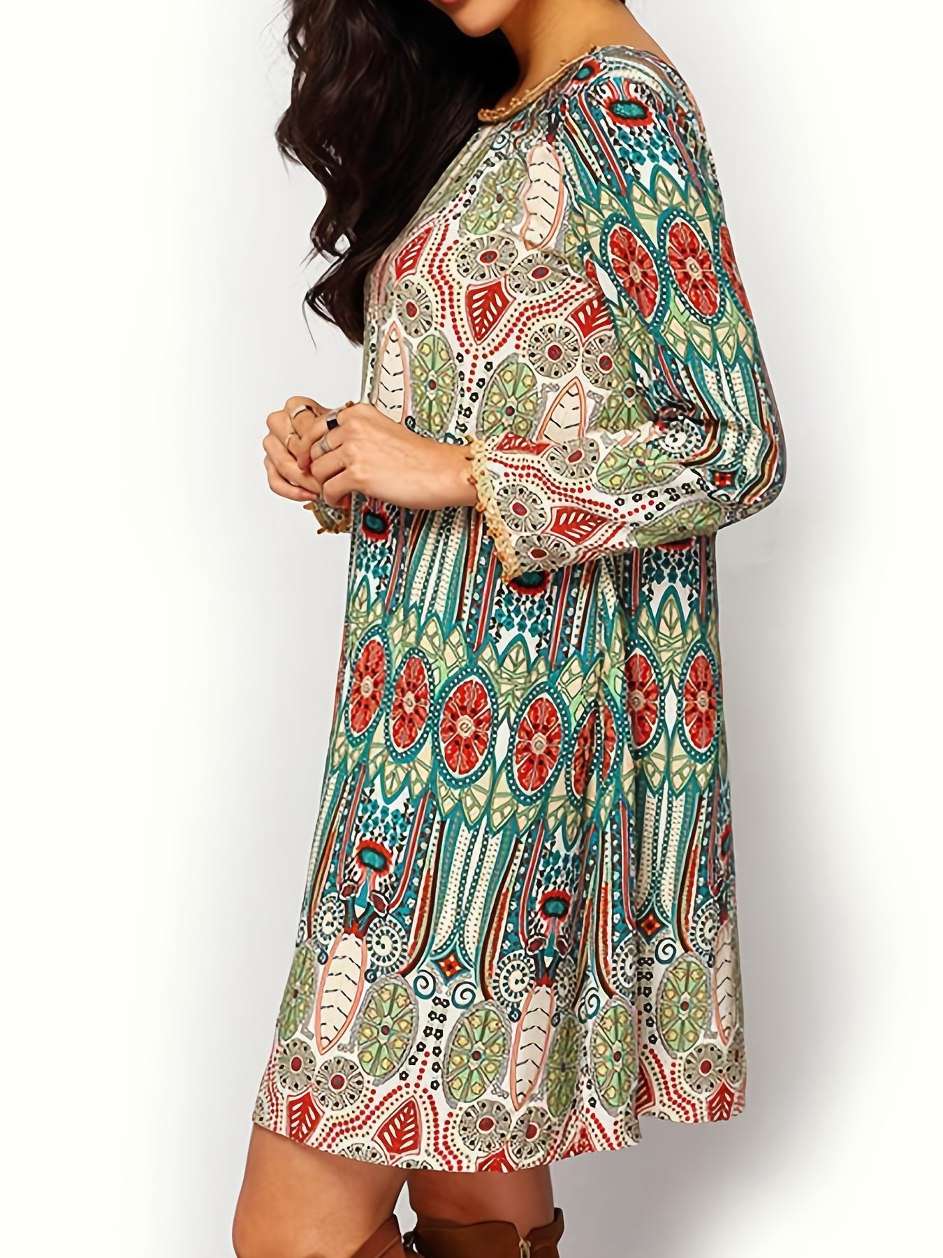 Women's Plus Allover Print Frill Trim Long Sleeve Round Neck Pleated Dress