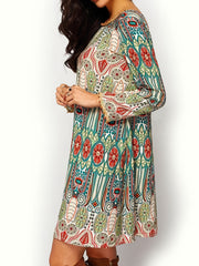 Women's Plus Allover Print Frill Trim Long Sleeve Round Neck Pleated Dress
