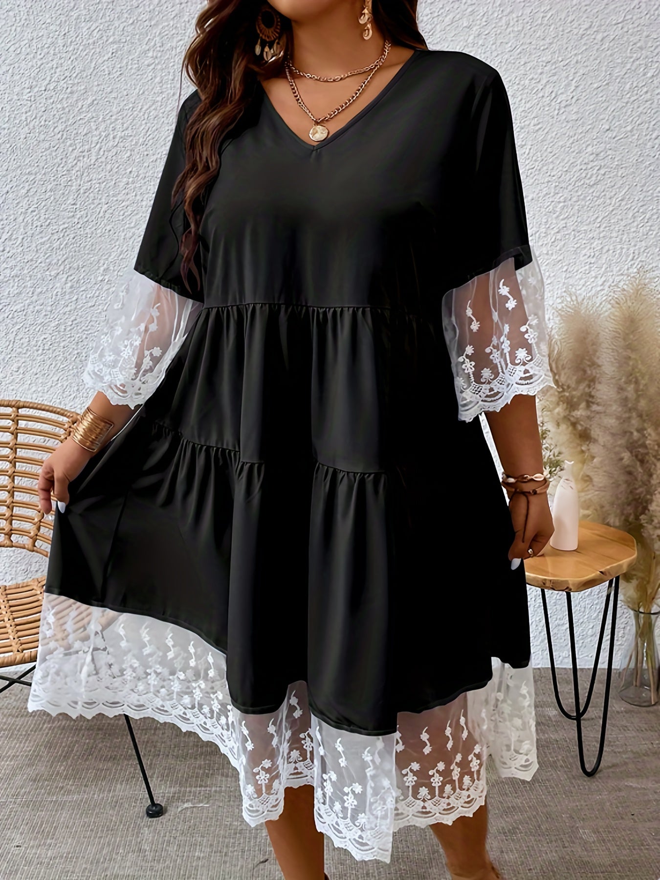  Solid Lace Floral Trim Casual Dress