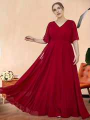  Bridesmaid Dress Solid Ruffle Sleeve V Neck Maxi Formal Party Dress