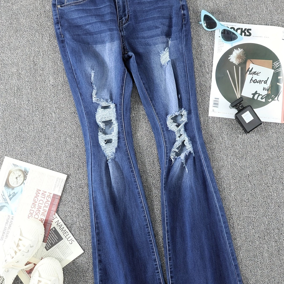 Ripped Holes Flare Jeans Mid Stretch Distressed Whiskered Bell Bottom Jeans