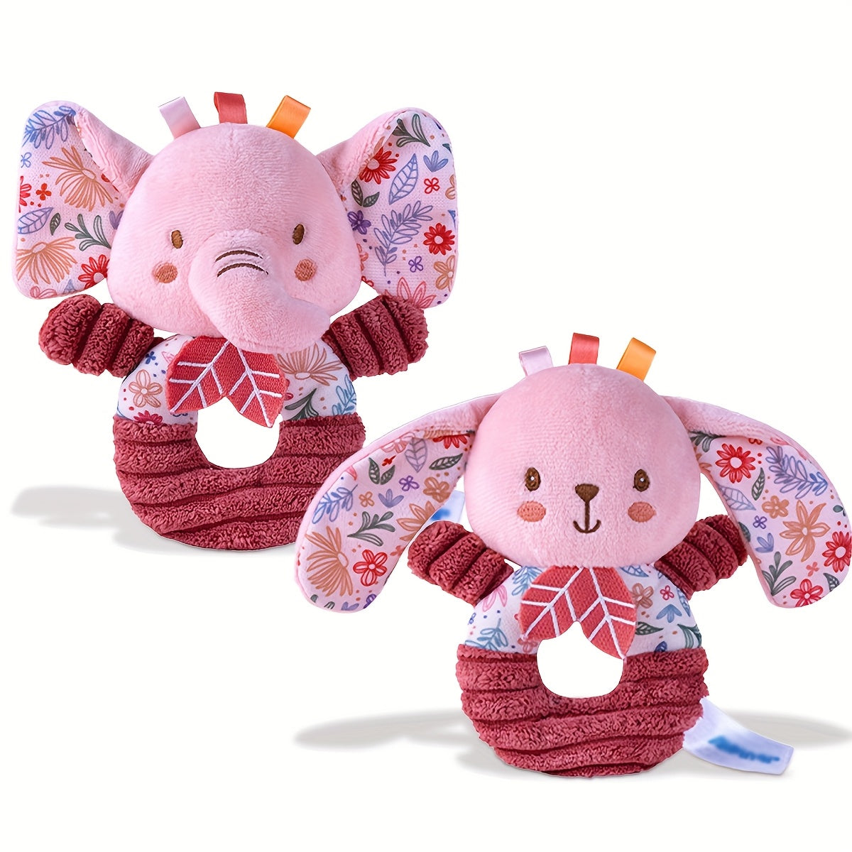 Soft Plush Elephant & Rabbit Rattle Toys Pink Floral Pattern Hand Shakers