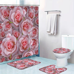 Flower Pattern Shower Curtain & Rug Set w/ 12 Hooks - Bathroom Decor