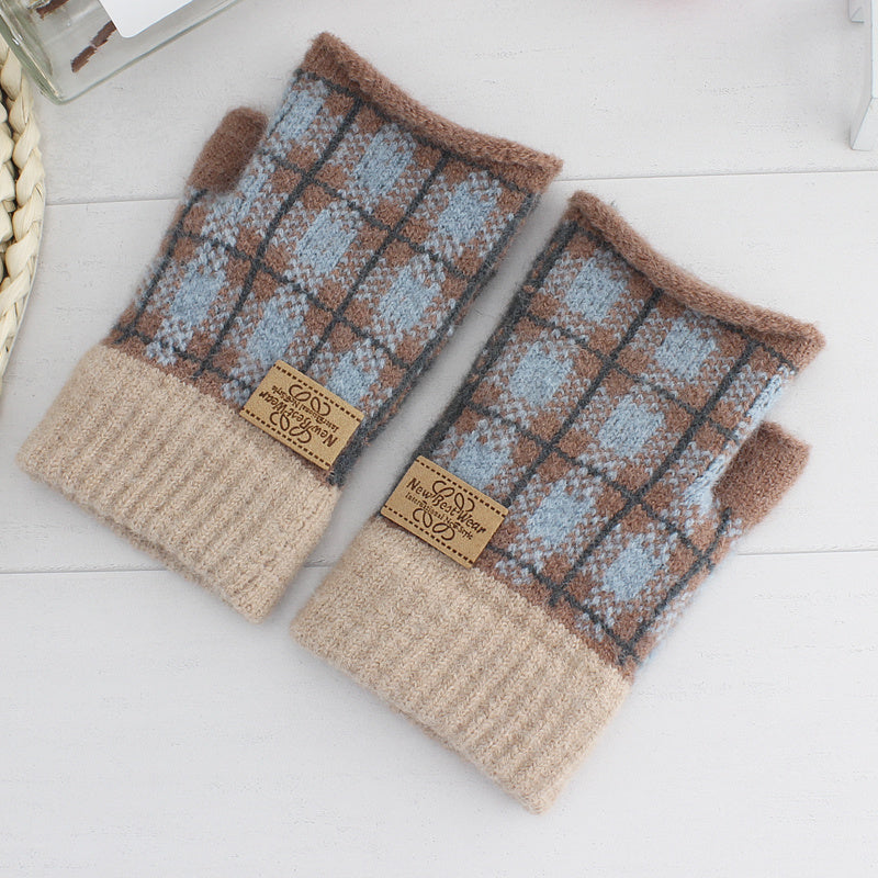 Women's Plaid Striped Woolen Half Finger Gloves