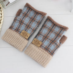 Women's Plaid Striped Woolen Half Finger Gloves
