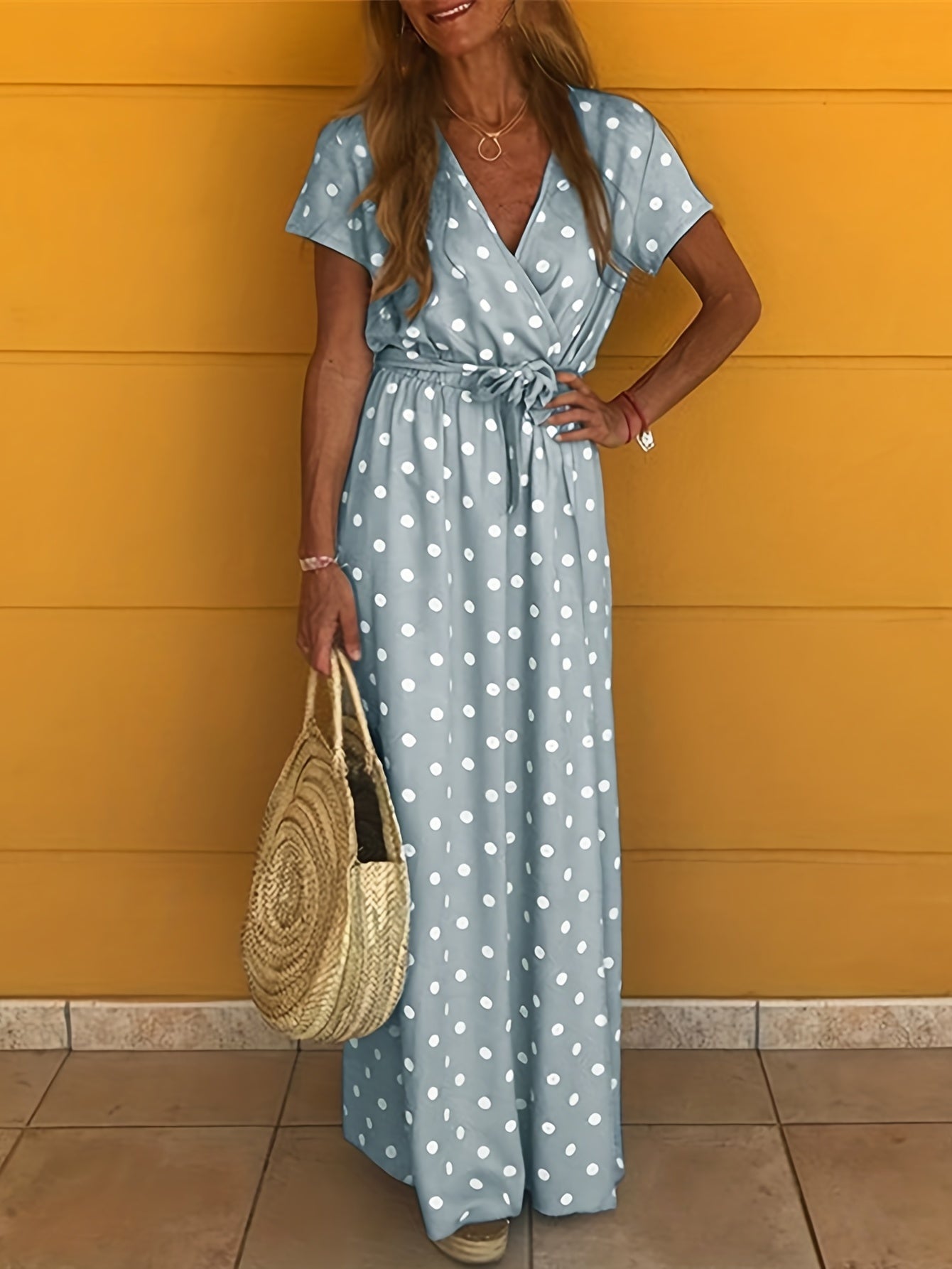 Polka Dot V Neck Maxi Dress Short Sleeve Spring Summer Women's Clothing