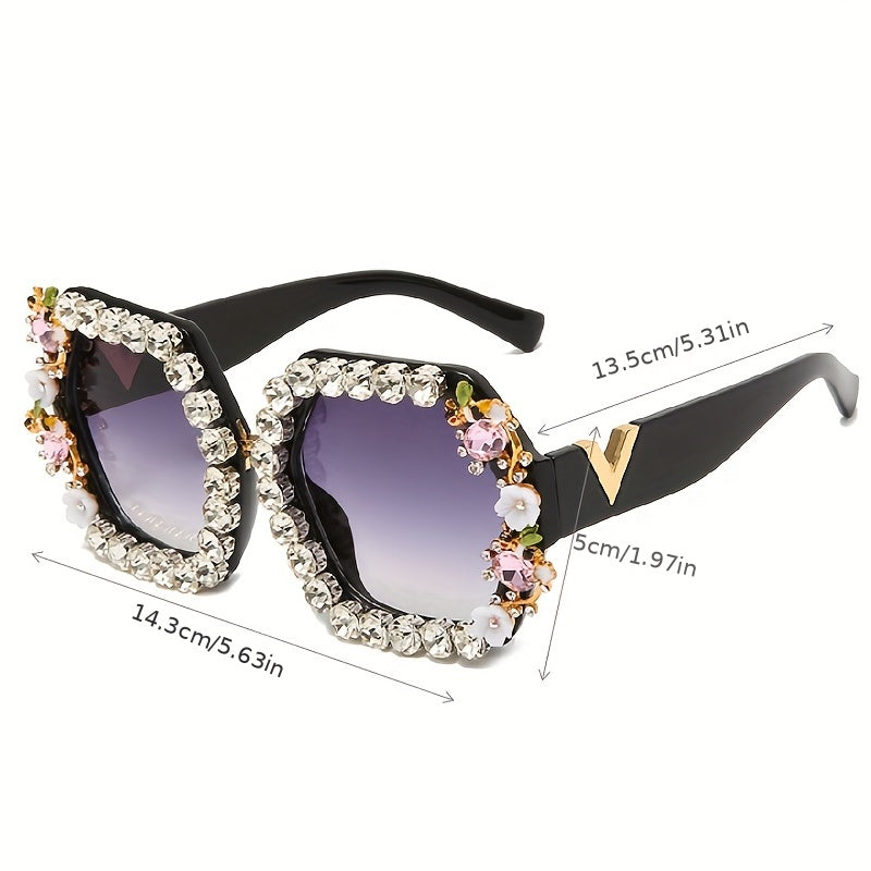 Ombre Lens Sunglasses Rhinestone Decor Square Frame Wide Temple Eyewear