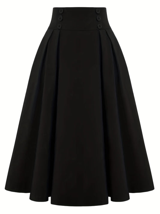 Button Front High Waist Solid Pleated Skirt