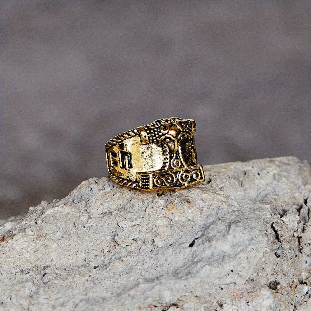 Thor's Hammer Ring Nordic Viking Good Luck Sign Verse Ring For Men