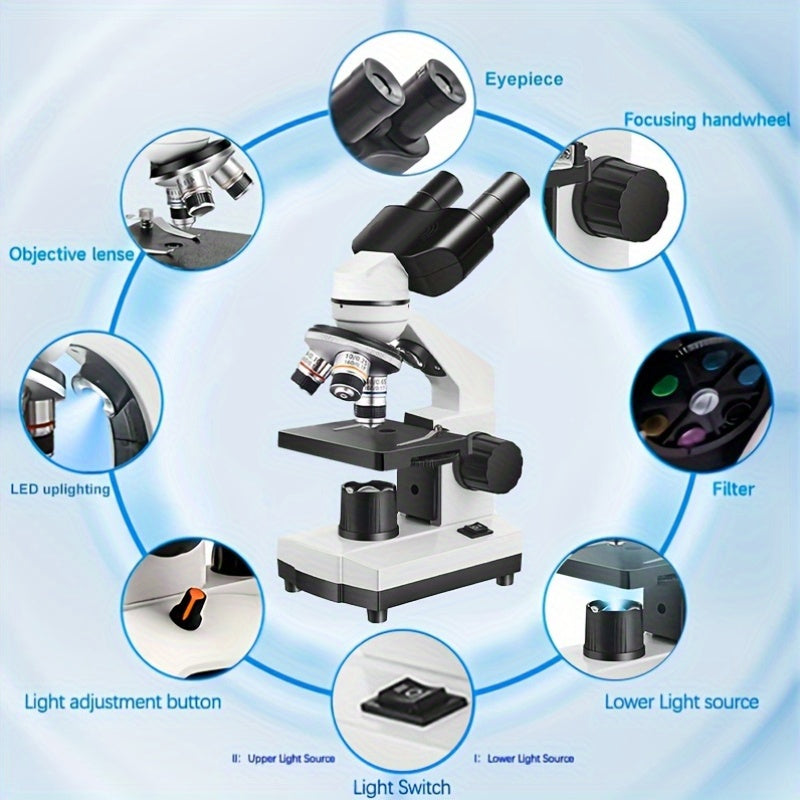 Compact Bio Optical Microscope 40X 1000X Magnification Dual LED lights 360 Focus