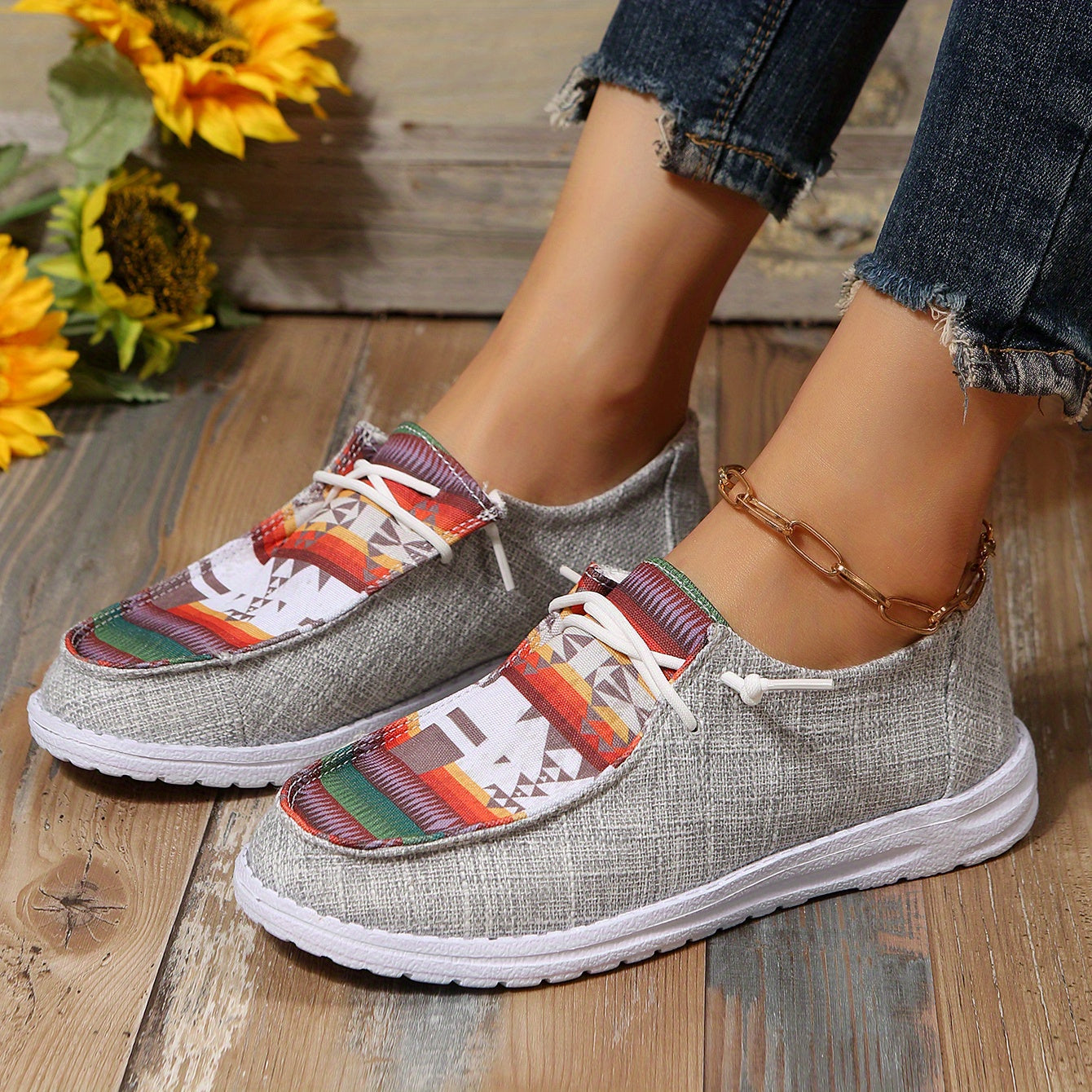 Geometric Print Canvas Low Top Lace Up Flat Casual Shoes