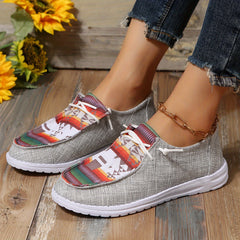 Geometric Print Canvas Low Top Lace Up Flat Casual Shoes