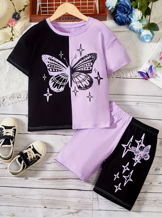 Girl's Butterfly Graphic Tee Top & Shorts Set