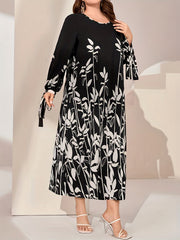  Colorblock Floral Print Round Neck Pleated Dress