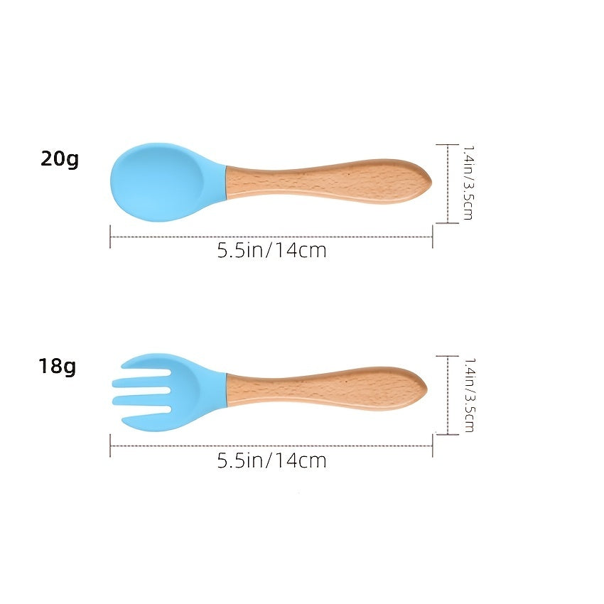 Silicone Spoon & Fork Set Mini Wooden Handle Utensils