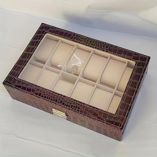 Crocodile Pattern 12-Digit Watch Box Leather Storage Display Jewelry Box