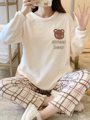 Teddy Bear Pattern Pajamas & Plaid Pants Set
