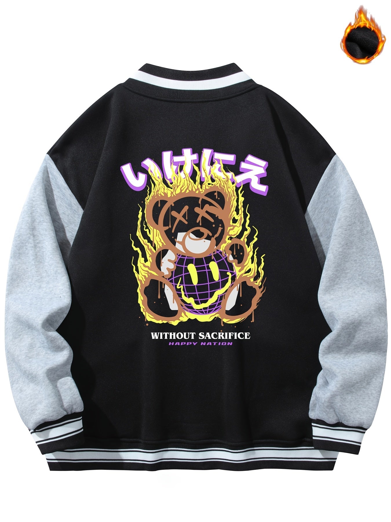 Men's Muppet Bear Print Baseball Collar Jacket