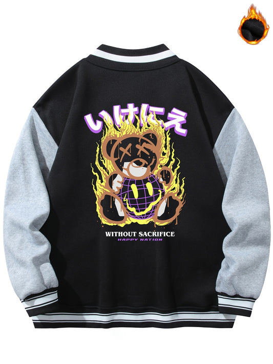 Men's Muppet Bear Print Baseball Collar Jacket