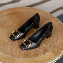 Women's Square Metal Decor Chunky Low Heels Slip On Pumps