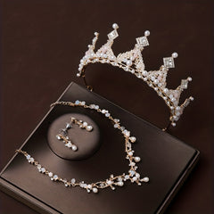 3pcs Rhinestone Bridal Set Crown Earrings Necklace