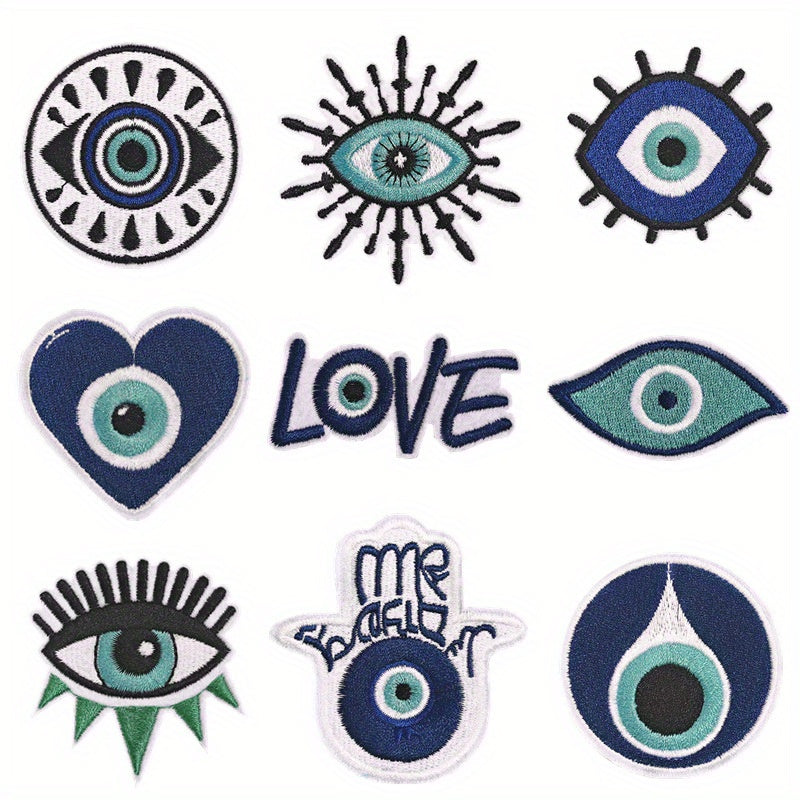 9pcs Devil's Eye Iron On Patches For Men Sew On Embroidered Applique
