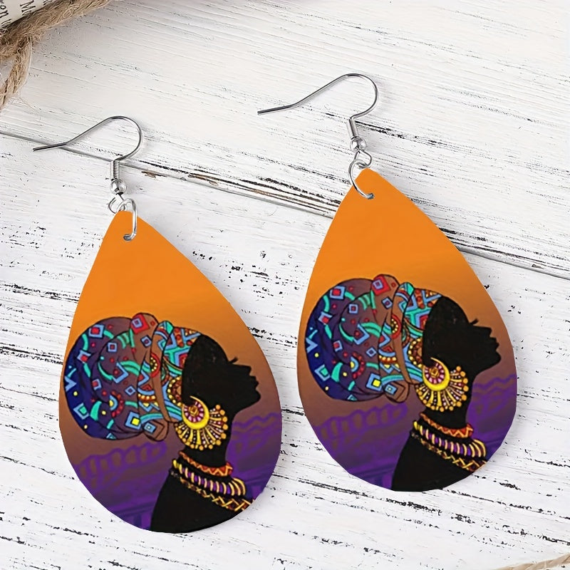 Girl Pattern Teardrop Earrings PU Leather Ethnic Style Halloween Gift