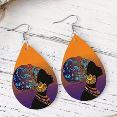 Girl Pattern Teardrop Earrings PU Leather Ethnic Style Halloween Gift