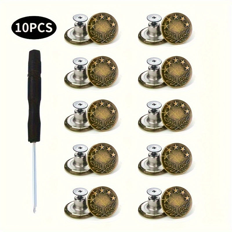 10pcs No Sewing Metal Jeans Buttons Kit 17mm Nailless Removable Jean Buttons